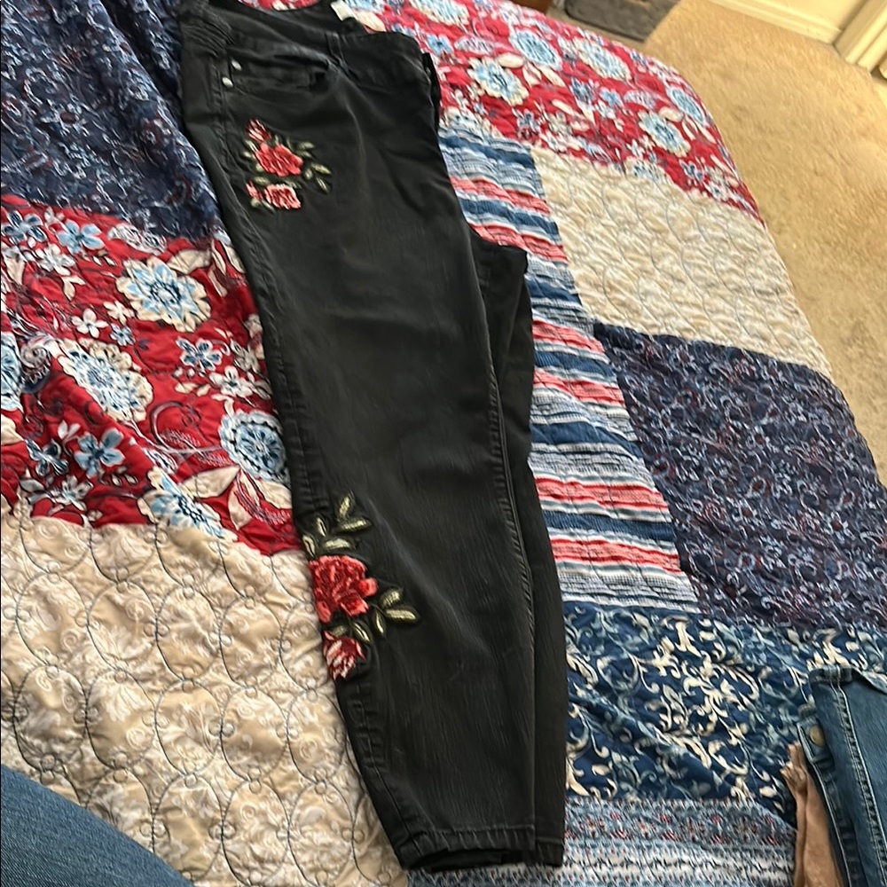 Torrid Black Denim Skinny Jeans with Red Floral Embroidery